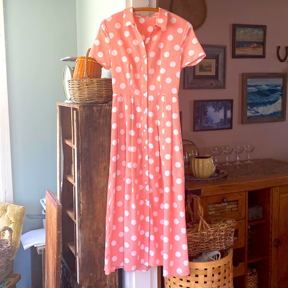 English Factory Coral Pink Polka Dot Button-Front Midi Dress